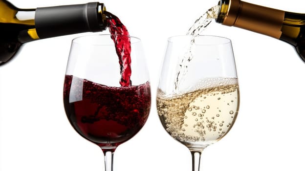 Red and white wine being poured into glasses, white background. Beverage and celebration concept.