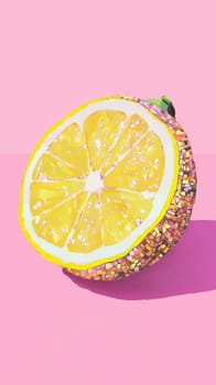 Mosaic lemon slice against pink background, vibrant and colorful artwork.