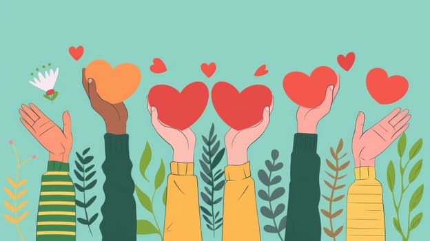 Hands holding hearts in a colorful illustration, diversity and love concept.