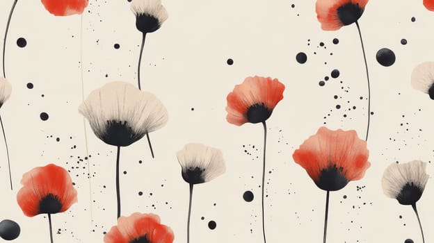 Abstract floral pattern with red and white poppies on a light background, modern art style. Digital painting concept.