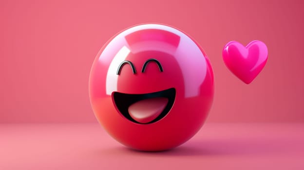 Smiling pink emoji with a heart, 3d rendering. Emoticon in a joyful mood concept.
