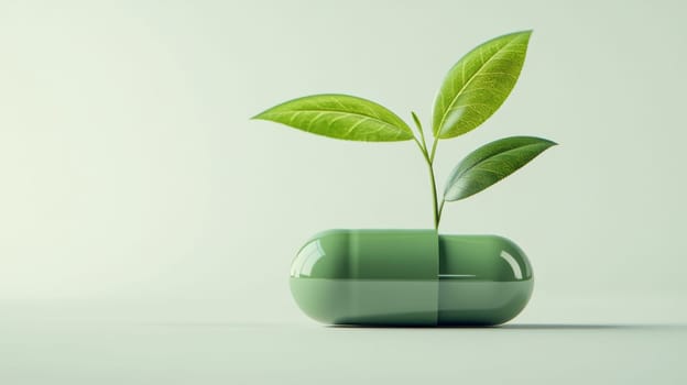 Green capsule with plant growing out of it on light green background, health and nature concept.
