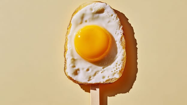 Fried egg on a stick, creative food photo on a yellow background.