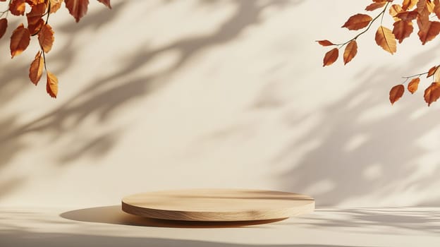 Wooden podium with autumn leaves and shadows, minimalistic studio shot. Seasonal nature concept.