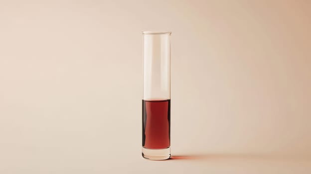 Test tube with red liquid against beige background, laboratory equipment concept.