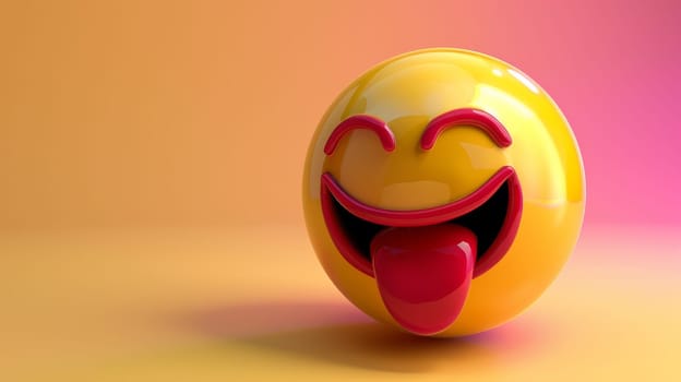 Yellow 3D smiling emoji with tongue out on a gradient background, playful and fun concept.