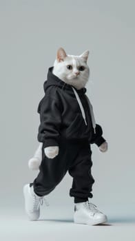 White cat in black hoodie and sneakers, studio shot. Fashion pet concept.