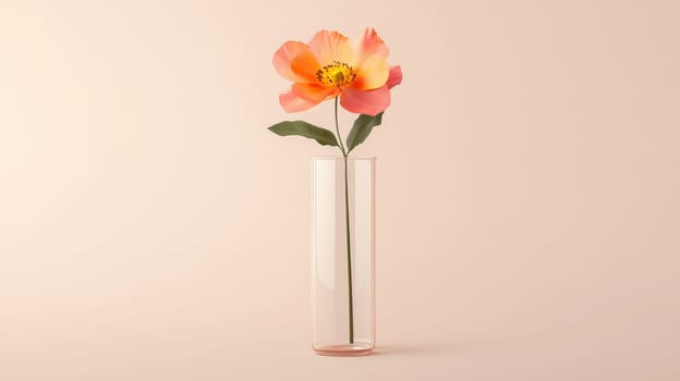 Vibrant orange poppy in glass vase against beige background, minimalist floral arrangement. Elegant decor concept.