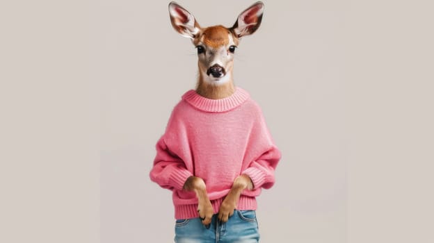Deer wearing pink sweater and jeans, anthropomorphic portrait. Whimsical fashion concept.