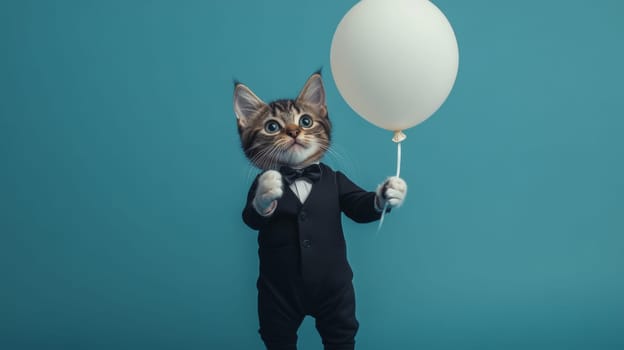 Cat dressed in tuxedo holding a balloon against blue background, whimsical and playful concept.