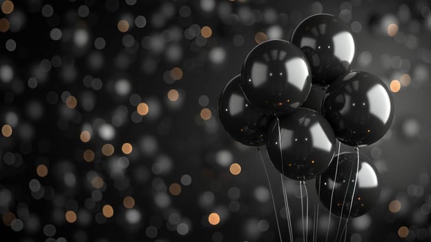 Cluster of black balloons with bokeh background, festive atmosphere. Party and celebration concept.