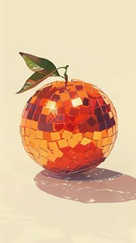 Orange with mosaic tiles and green leaves on light background, abstract art concept.