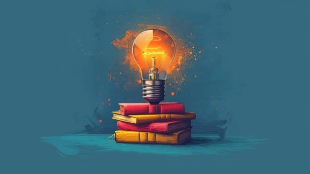 Stack of books with glowing light bulb on top, creative education concept, artistic illustration on a blue background.