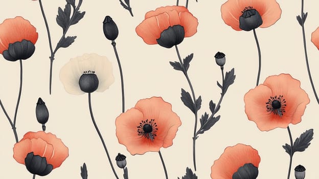 Seamless pattern of poppy flowers on a light beige background.