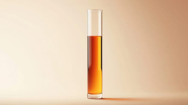 Close-up of a glass test tube filled with amber liquid, studio shot on beige background. Scientific and laboratory research concept.