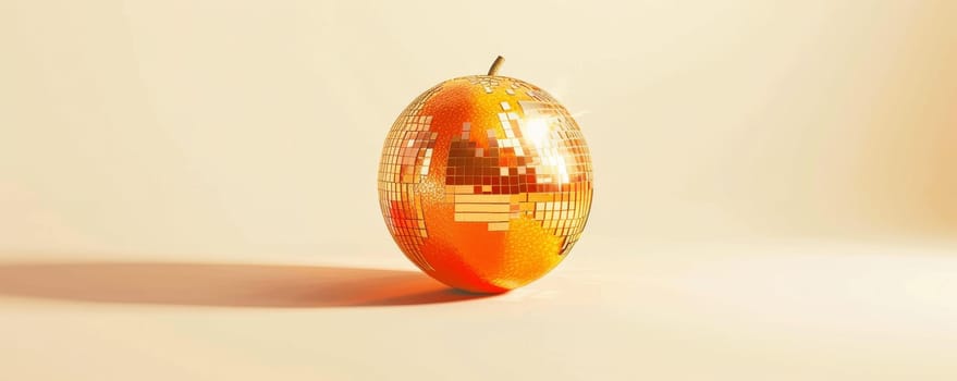 Orange fruit with disco ball pattern on light background, creative concept. Modern art and innovative design concept.