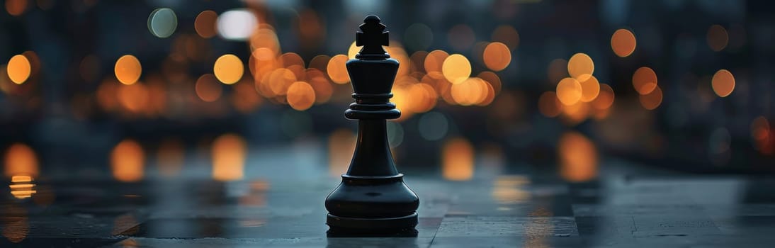 Chess piece on a reflective surface with bokeh lights in the background, artistic composition. Strategy and focus concept.