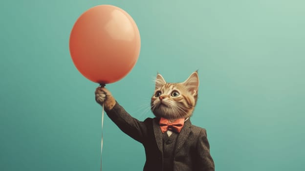 Cat in a suit holding a red balloon against a teal background, whimsical and playful concept.