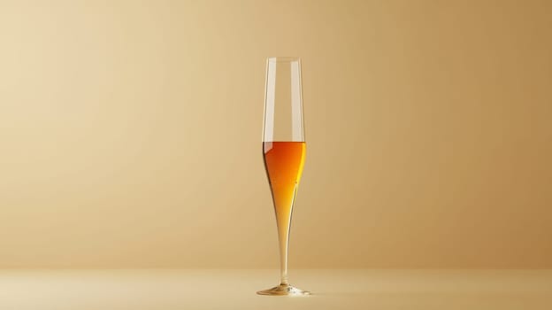 Tall champagne glass with amber liquid on beige background, minimalist design. Elegant drink concept.