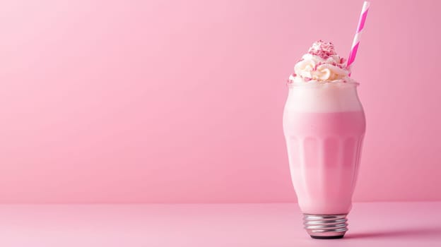 Pink milkshake with whipped cream and colorful sprinkles in a vintage glass on a pastel pink background, studio shot. Refreshing summer drink concept.