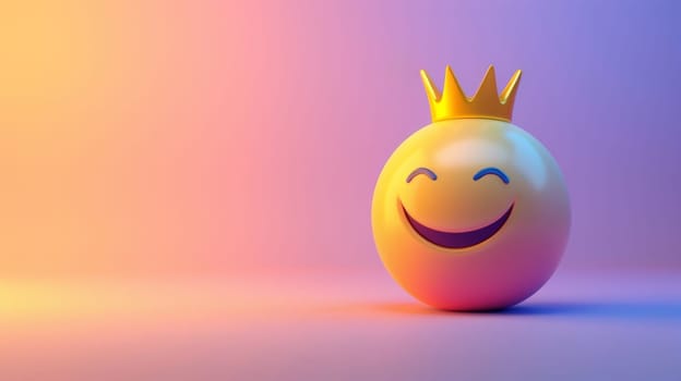 Smiling emoji with crown on colorful gradient background, happiness and royalty concept.