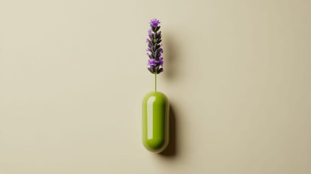 Green pill with lavender flower on beige background. Nature and health concept.