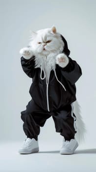 White long-haired cat wearing black tracksuit and sneakers, studio shot.