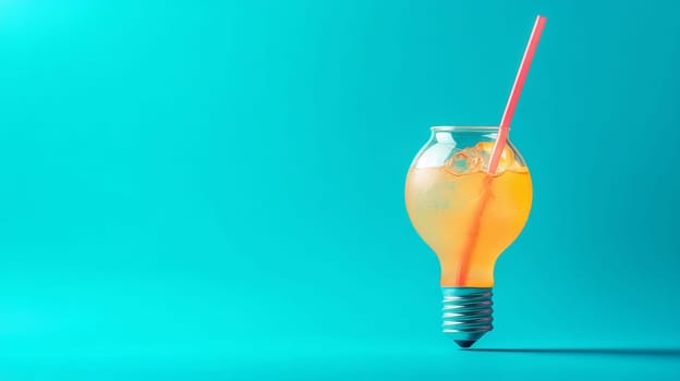 Creative drink in a lightbulb-shaped glass with a straw on a blue background. Refreshing cocktail concept.