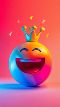 Laughing emoticon with crown in vibrant colorful background, 3D illustration. Joy and royalty concept.