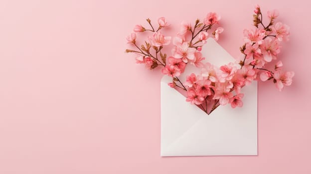 Open white envelope with cherry blossom branches on pink background, romantic nature concept.