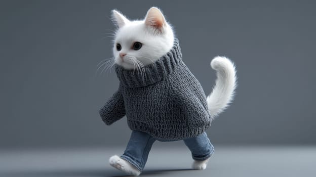 Adorable white kitten in sweater and jeans, walking on gray background, cute pet fashion concept.