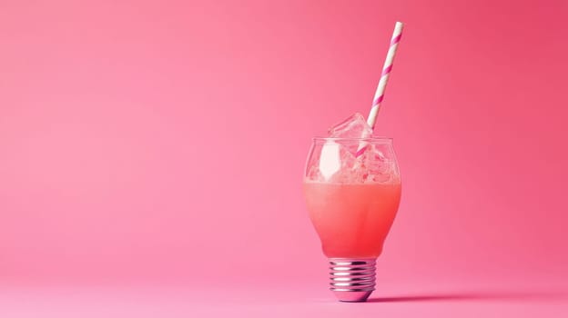 Light bulb shaped glass of pink drink with straw on pink background, creative concept.
