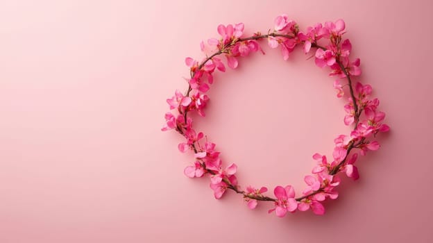 Floral wreath made of pink flowers on a pink background, top view. Spring decoration and flower arrangement concept.