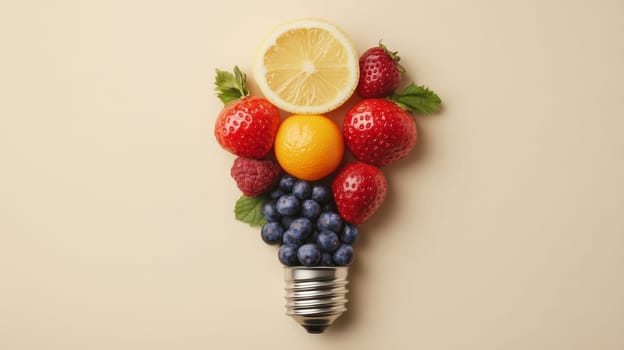 Light bulb made from assorted fresh fruits on beige background. Creative healthy eating concept.