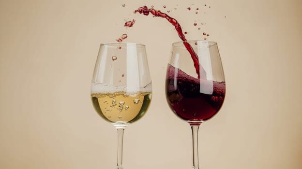 Two glasses of white and red wine splashing against beige background, motion and celebration concept.