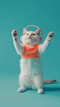 White cat in orange top and headphones on turquoise background, playful and cute concept.