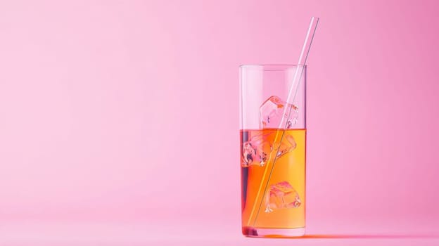 Refreshment drink in glass with ice cubes on pink background, minimalism concept.