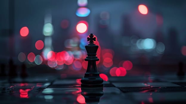 Chess king piece on city street with colorful bokeh lights, nighttime scene. Urban life and strategy concept.