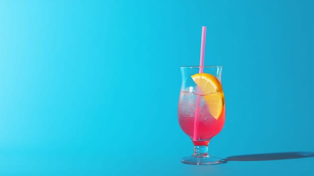Colorful cocktail with orange slice and straw against blue background, vibrant summer refreshment concept.
