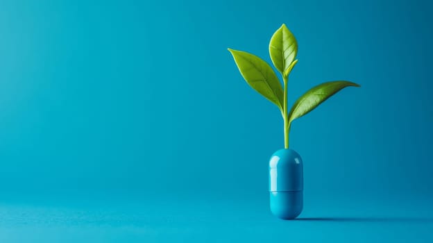 Green capsule with plant growing out of it on blue background, health and nature concept.