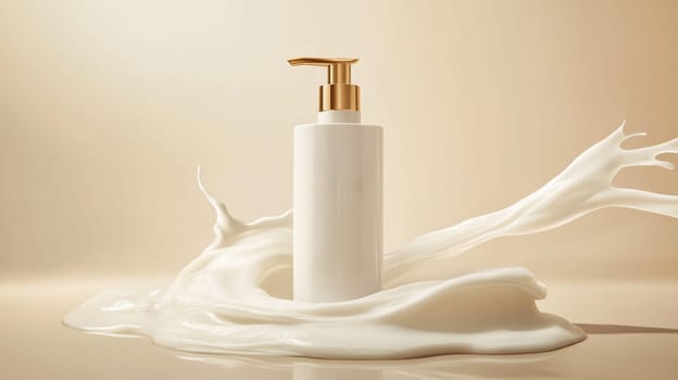 White lotion dispenser with golden pump splashed with creamy liquid on beige background, beauty and skincare concept.