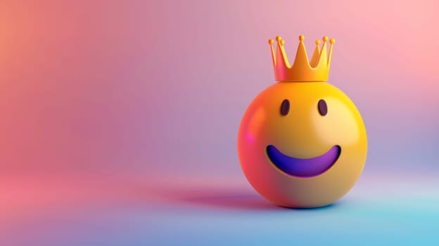 Smiling emoji with golden crown against colorful gradient background, vibrant and joyful concept.