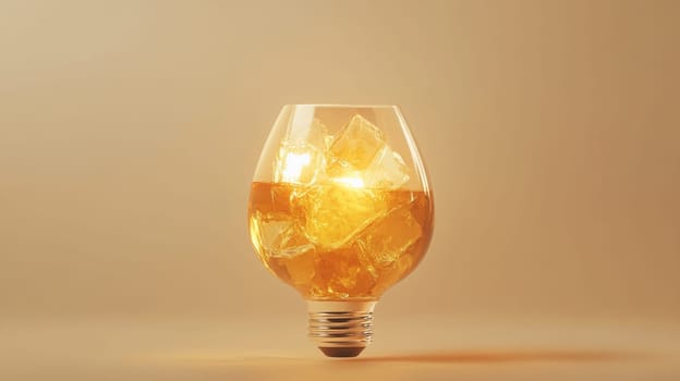 Lightbulb shaped glass with ice cubes and amber liquid, creative concept. Refreshing drink and innovative idea concept.