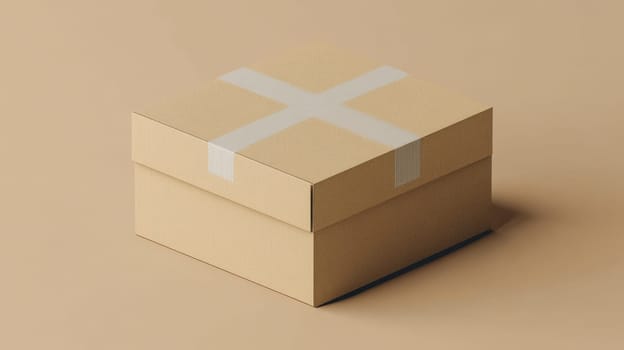 Cardboard box with tape on beige background, minimalist packaging concept.
