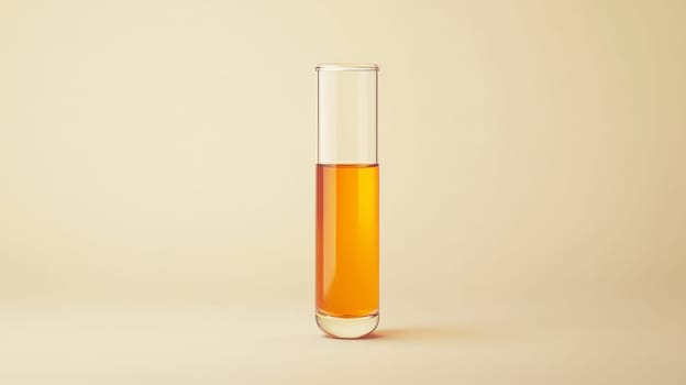Test tube filled with orange liquid on beige background. Scientific experiment and laboratory concept.