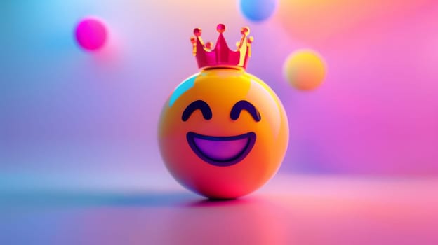Smiling emoji with a golden crown on colorful gradient background.