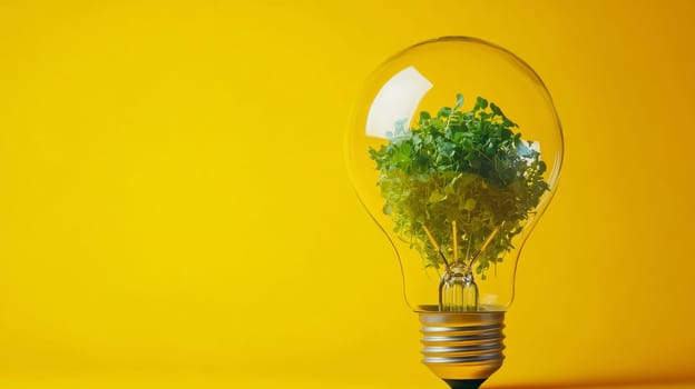 Light bulb with green plants inside on yellow background, environmental concept.