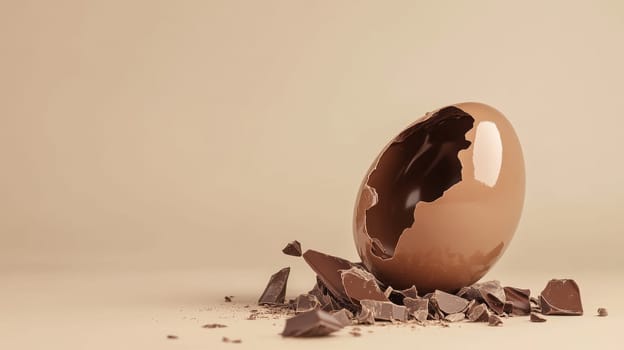 Broken chocolate egg with scattered pieces on beige background, delicious treat concept.