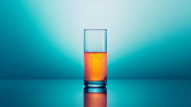 Glass of orange beverage on reflective surface, minimalistic studio shot. Refreshing drink concept.