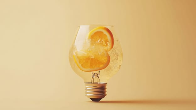 Lightbulb filled with lemon slices against a soft yellow background. Creative and refreshing concept.